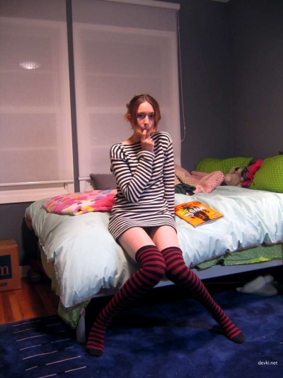 Naked in Striped Stockings and Handcuffs - Explicit Amateur Photo